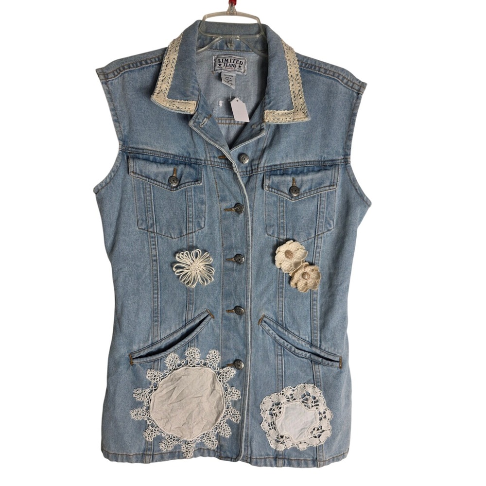 UpcycledLimited Jeans Denim Vest Sleeveless Crochet Embellished Cottagecore Vest